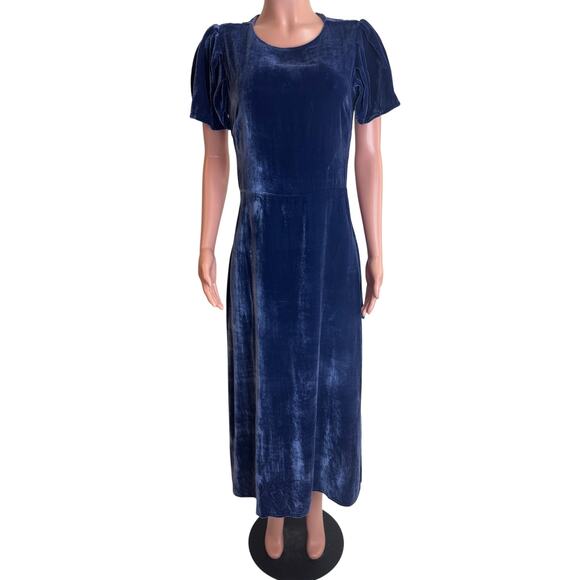 Reformation Livia Velvet Midi Dress Womens 10 Blue Puff Sleeve Open Tie Back - Picture 1 of 16
